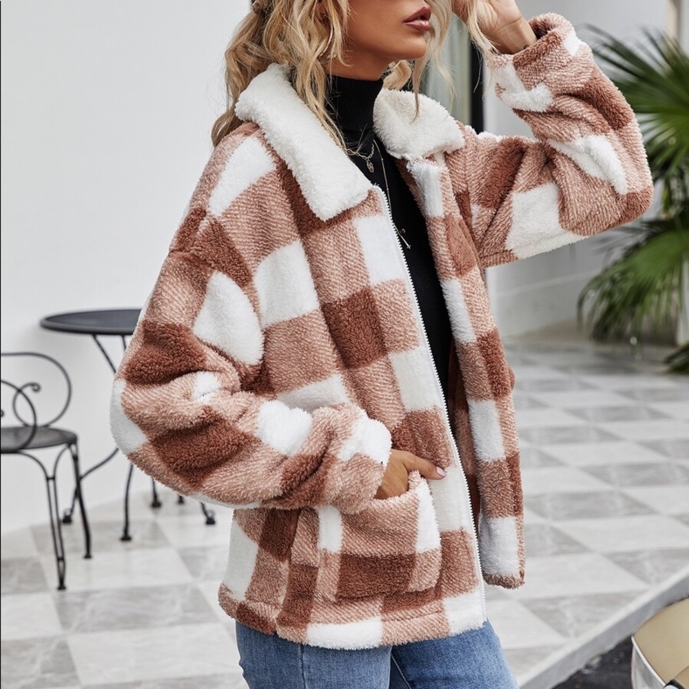 Brown white plaid collar pocket fall teddy coat - Picture 4 of 6
